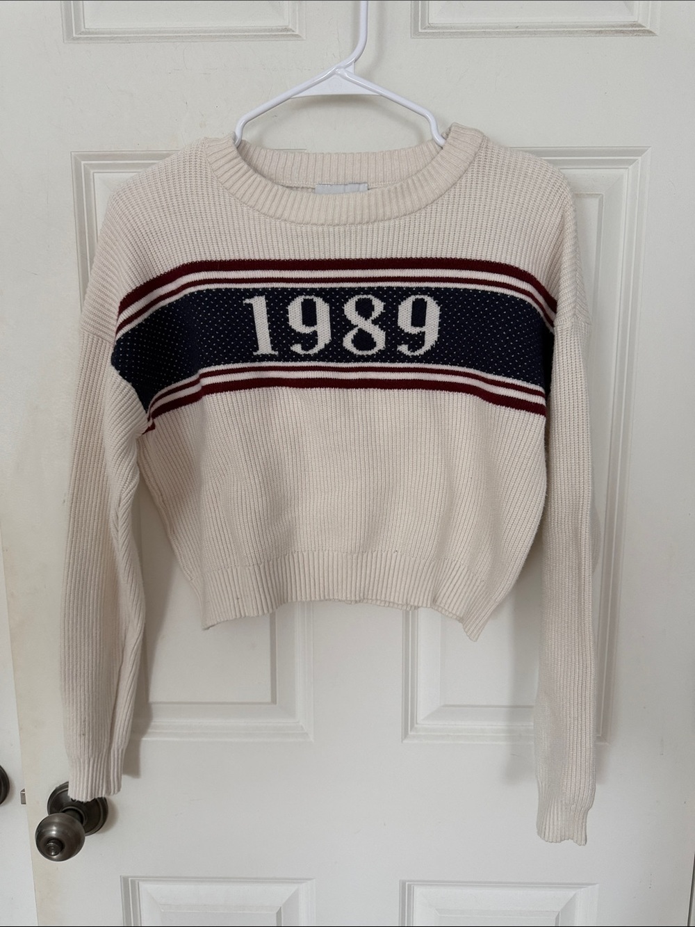 Pink Rose 1989 Cropped Crewneck Knit Sweater Size Small Cream Taylor Swift coded